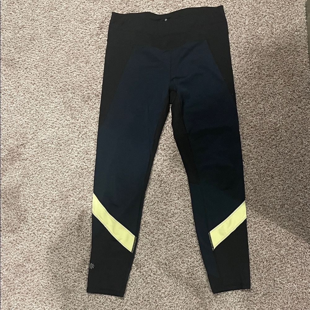 Athleta Black and Navy Leggings with Yellow Accents